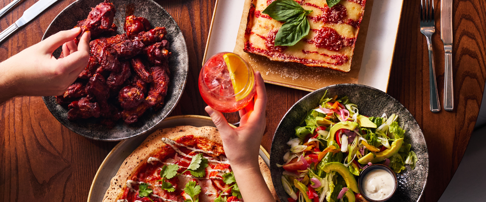 Selection of food and drink dishes