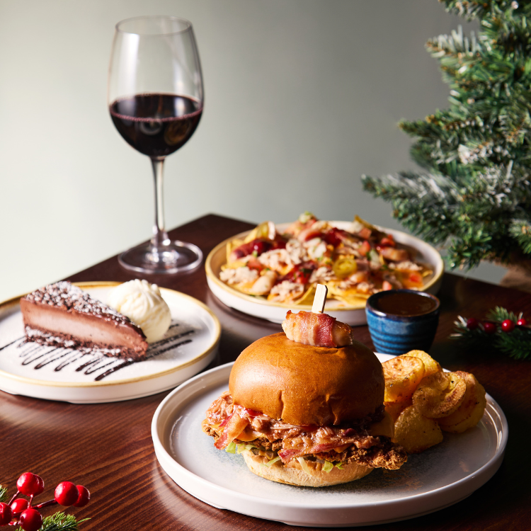Festive Dishes and glass of red wine Festive Dishes and glass of red wine